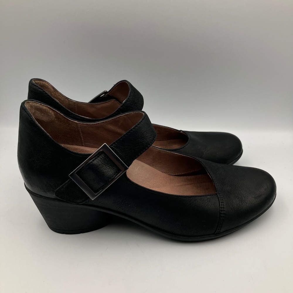 Dansko Roxanne Black Leather Mary Jane Block Heels Square Buckle Size 39 8.5-9